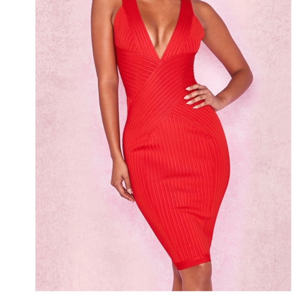 House of CB Vivienne Red Bandage Red Plunge Dress